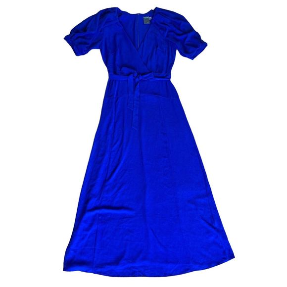 Gabby Skye Size 8 Blue Maxi Dress Puff Sleeve Tie Waist Faux Wrap NWOT - Picture 1 of 8